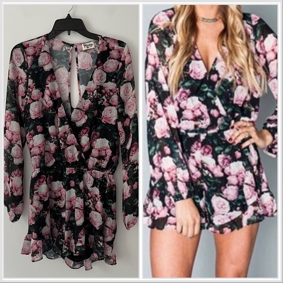 Show Me Your Mumu Black Floral Rose Keyhole Semi Sheer Surplice Romper Large - Picture 1 of 14